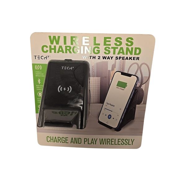 Tech Squared Wireless Charging Stand with 2 Way Speaker, Black - Picture 1 of 2